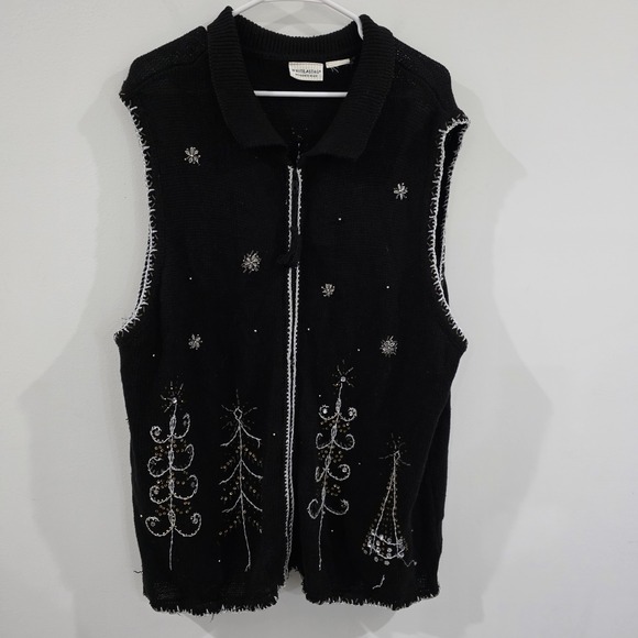 Sweaters - Vintage Womens Ugly Christmas Sweater Vest Size XXL Trees Beaded Embroidered